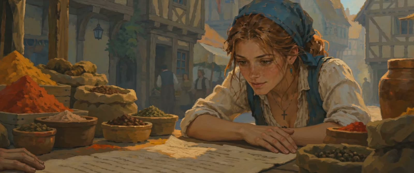 Personnage penché sur une table de marché, extrait du film