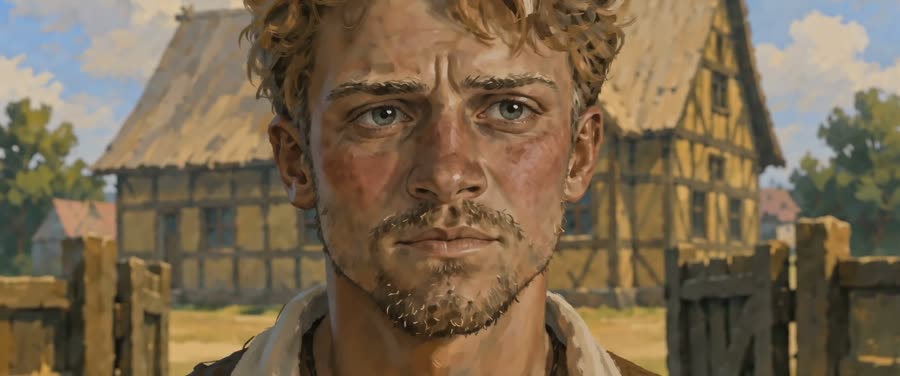 Portrait d'un personnage dans un village